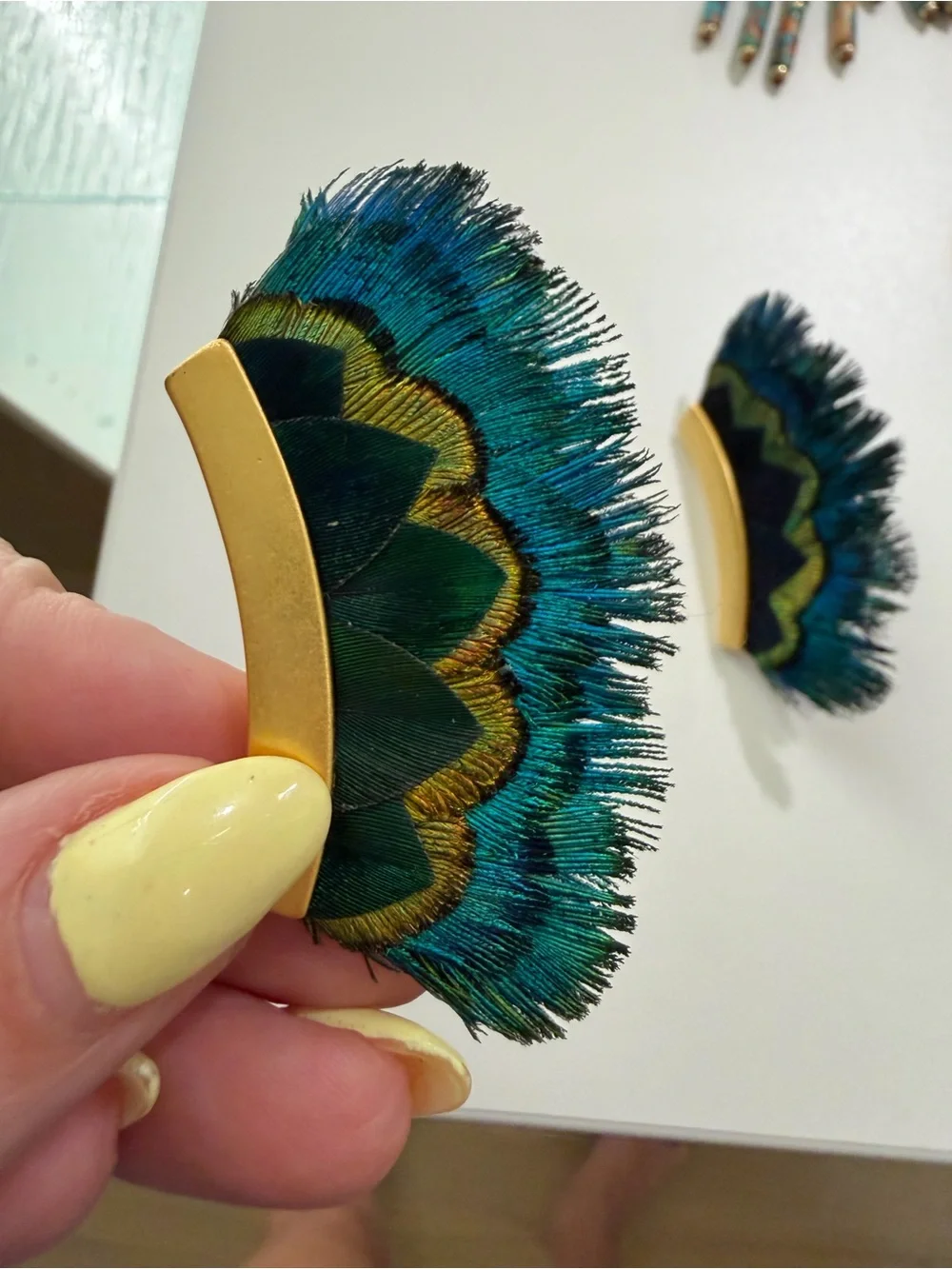 Brackish Peacock Feather Statement Earrings - Blue Green